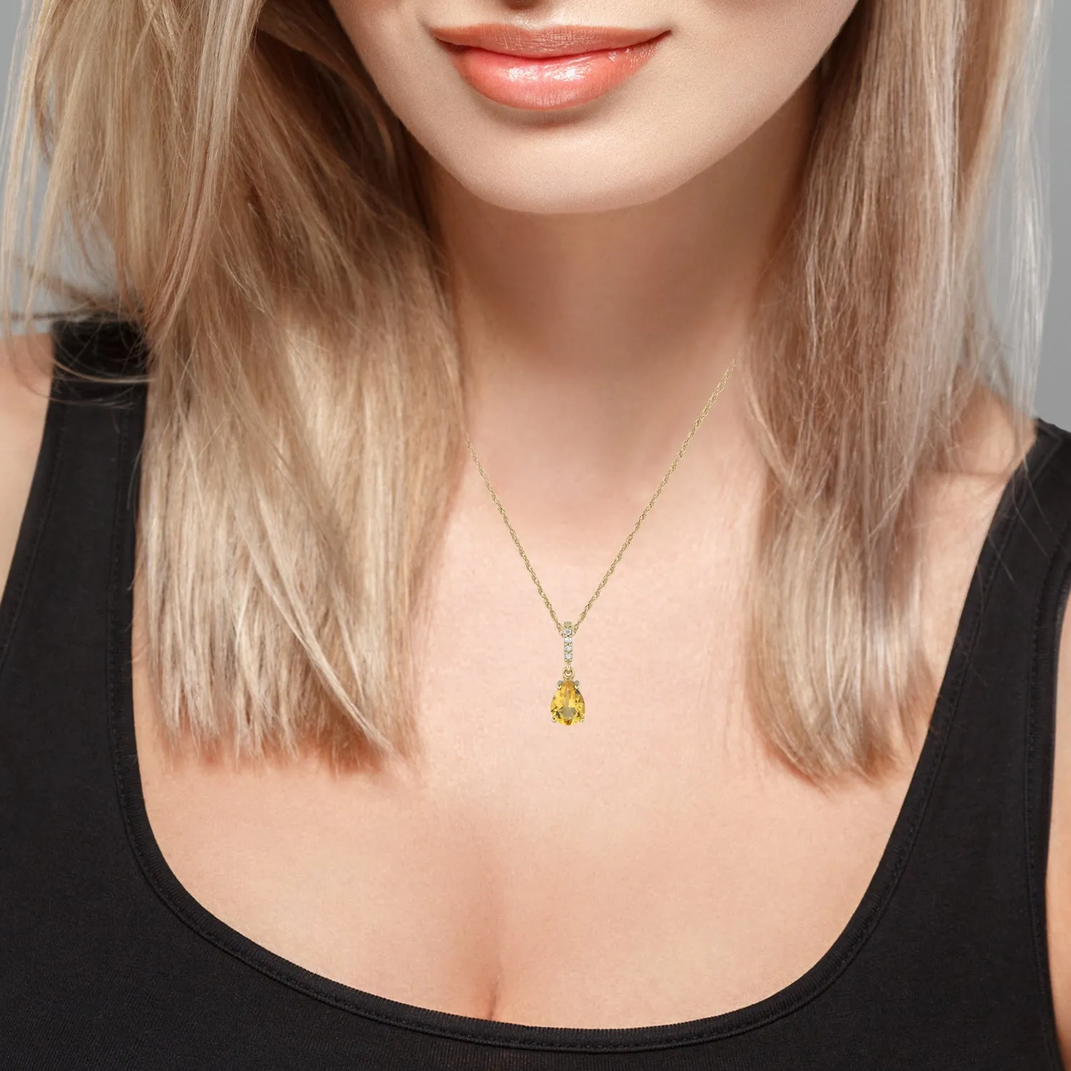 10k Yellow Gold Genuine Pear-Shape Citrine and Diamond Drop Pendant Necklace