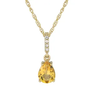 10k Yellow Gold Genuine Pear-Shape Citrine and Diamond Drop Pendant Necklace