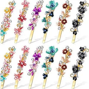 12 Pieces Vintage Flower Hair Pins Women Barrette Bobby Pins Decorative Metal Gold Tone Hairpins Colorful Floral Design Hair Clips French Rhinestone Hair Decorative Accessories for Women Girls