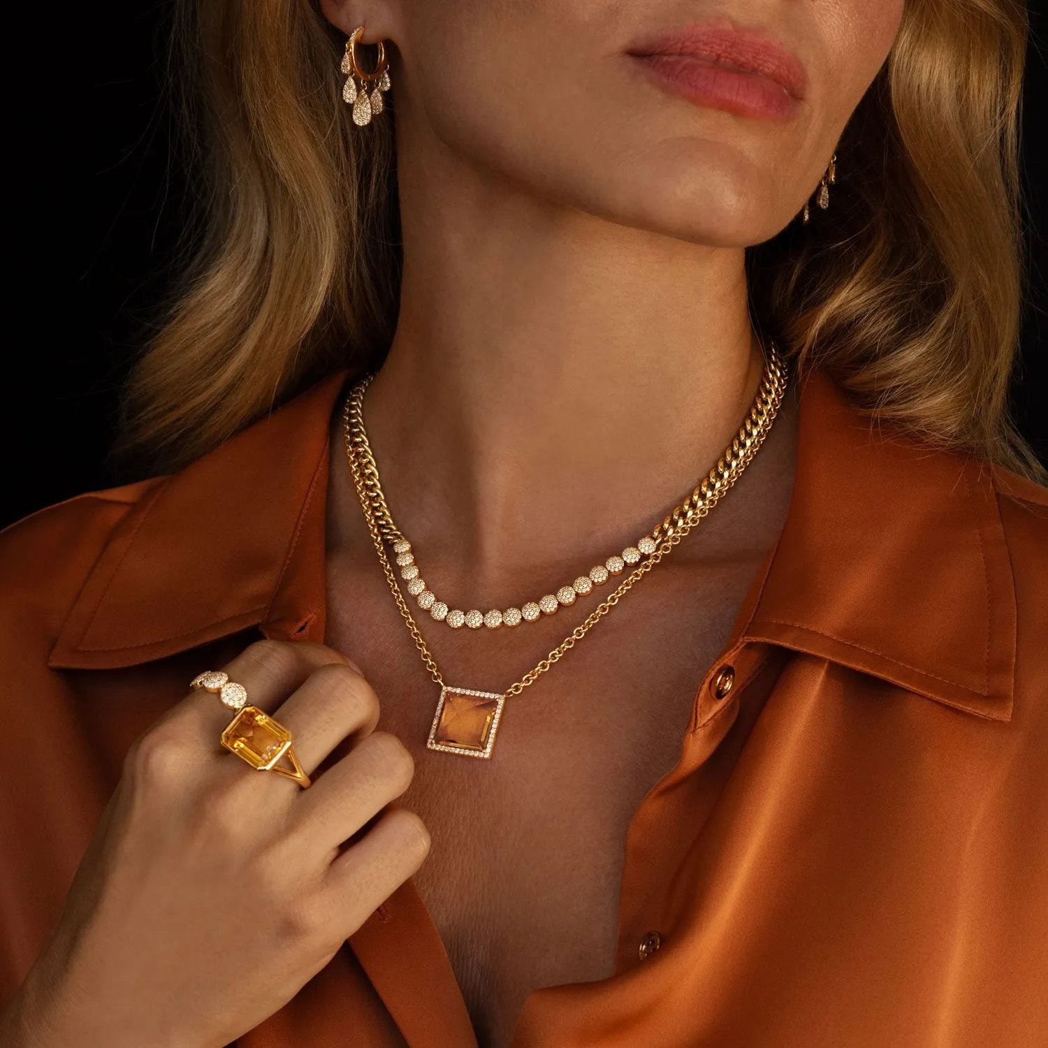14k Citrine Square Diamond Pendant on Cable Chain Necklace