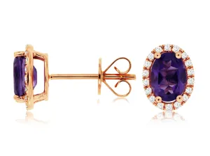 14K Rose Gold Amethyst and Diamond Halo Stud Earrings