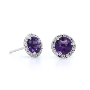 14K White Gold Amethyst with Diamond Halo Stud Earrings