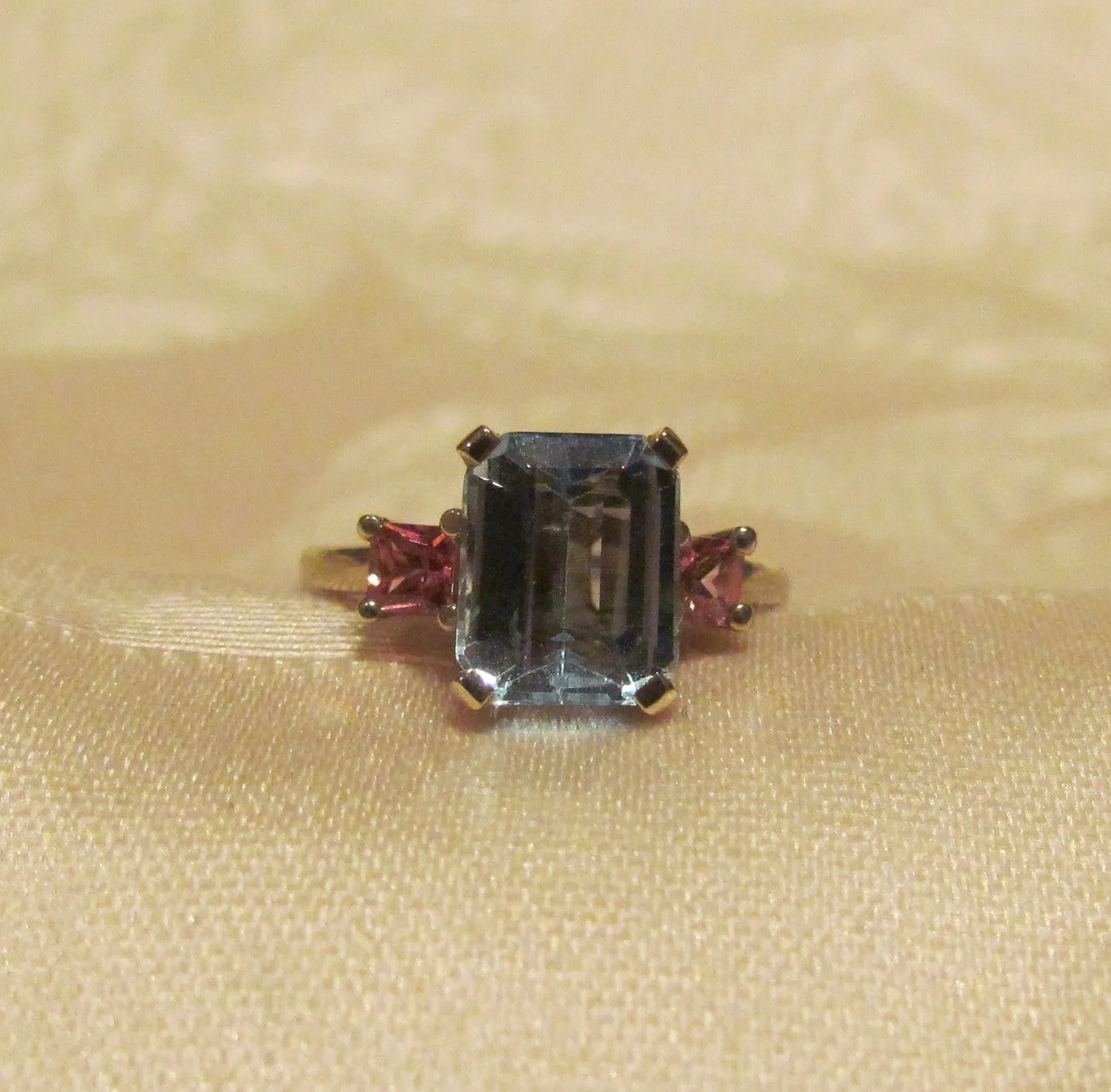 14Kt White Gold 3.50ct Blue Topaz & .50ct Padparadschah Sapphire Ring High Fashion Bruce Magnotti Cocktail Ring Fine Jewelry Size 7