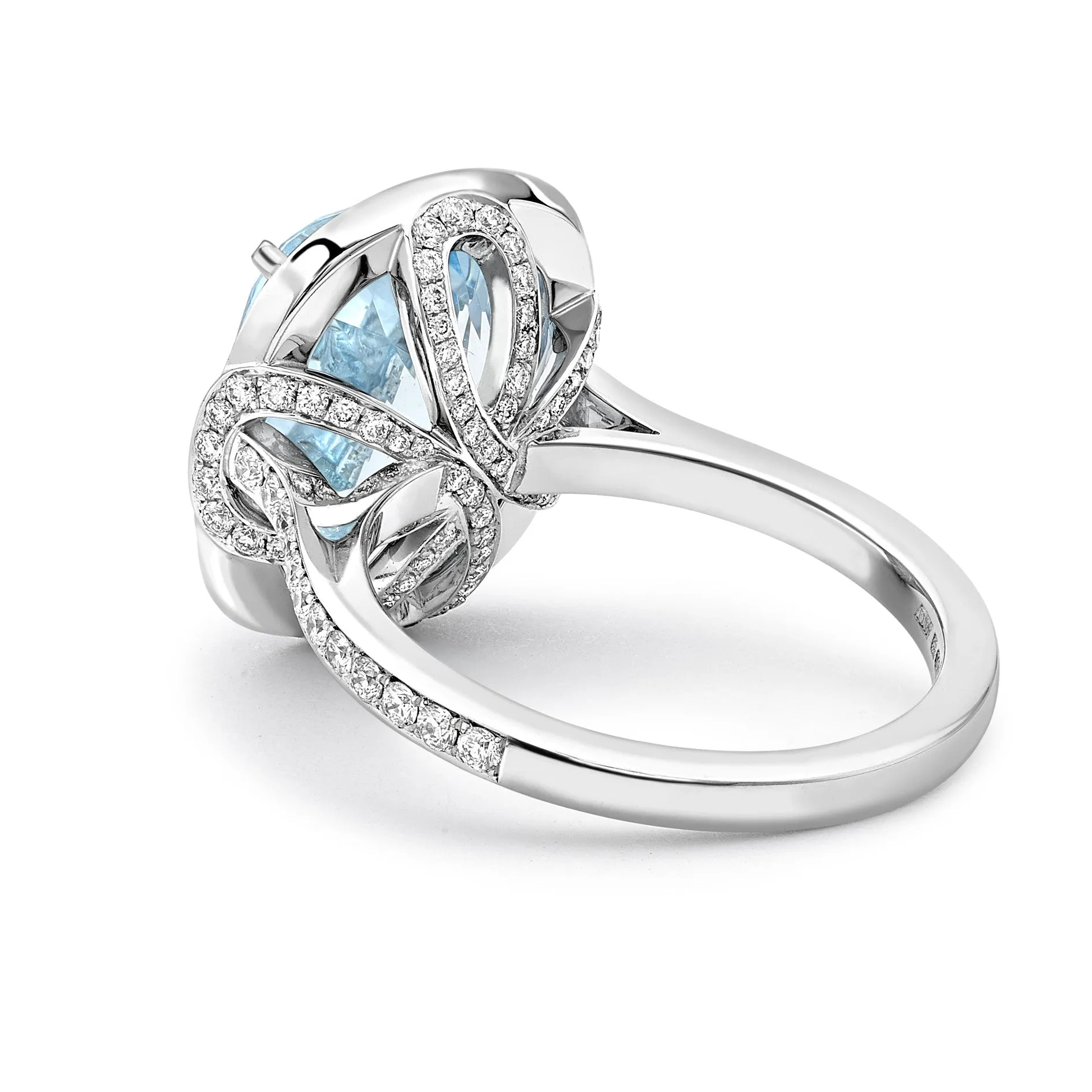 18 K White Gold Aquamarine and Diamond Lovers Knot Cocktail Ring