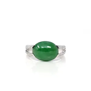 18k White Gold Natural Imperial Green Oval Jadeite Jade Engagement Ring With Diamonds