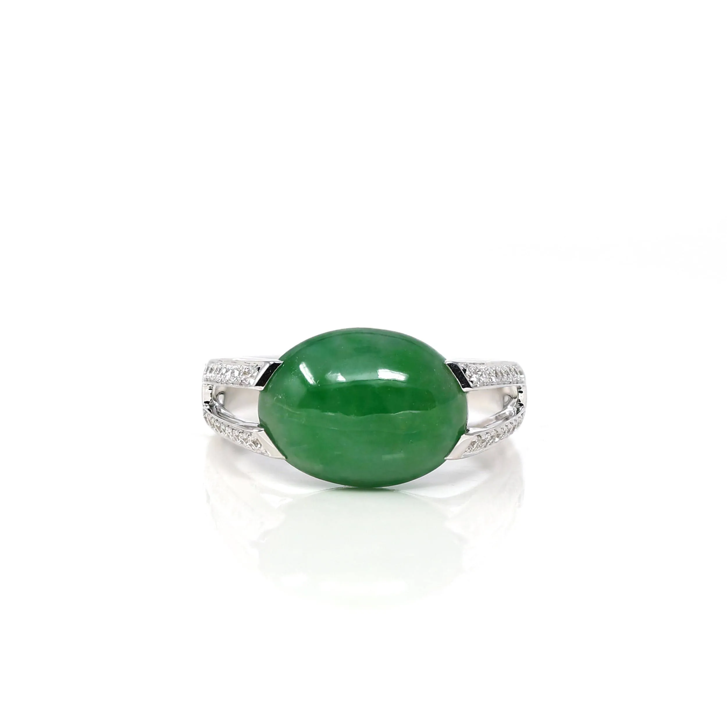 18k White Gold Natural Imperial Green Oval Jadeite Jade Engagement Ring With Diamonds