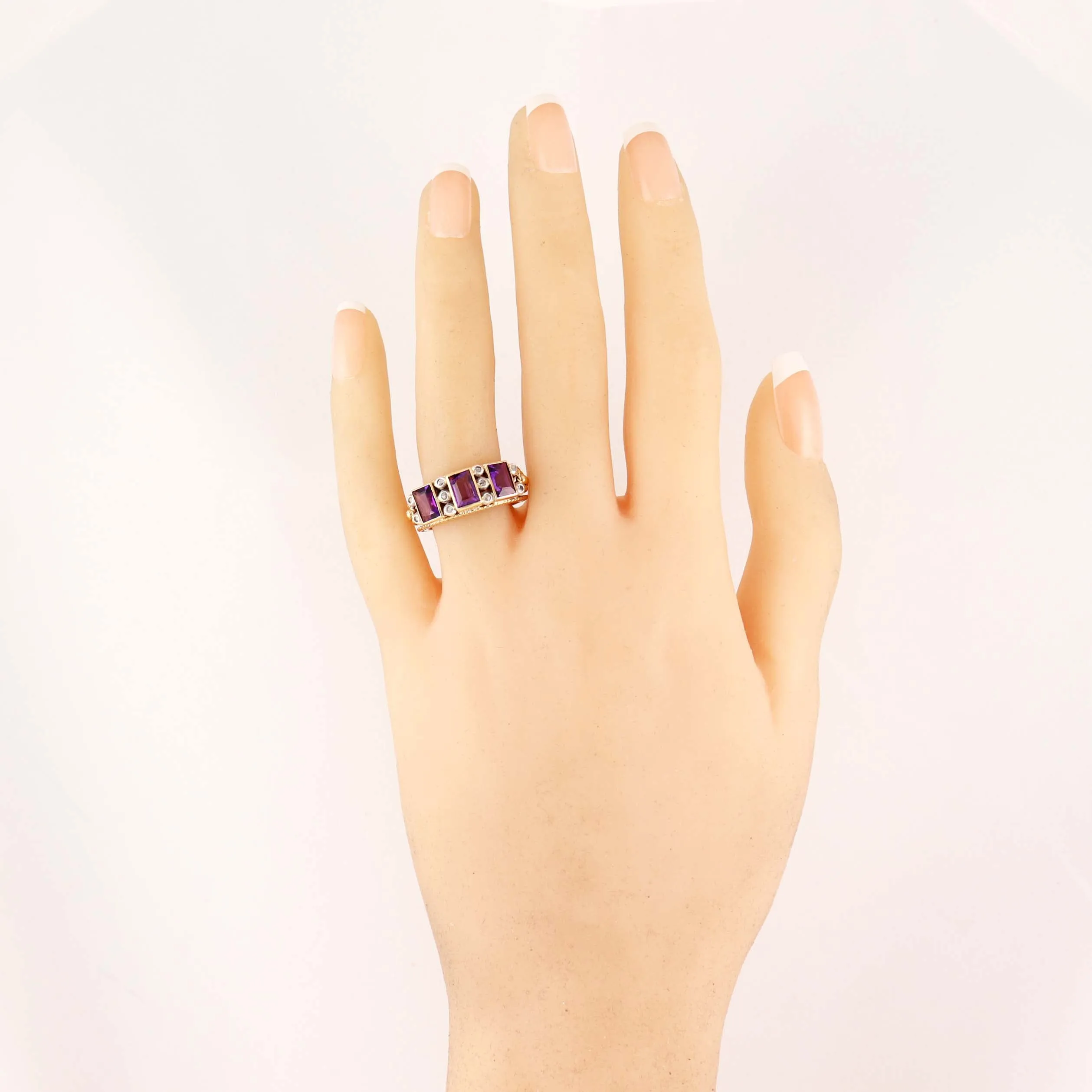 1930's Antique Art Deco 14k Yellow Gold Amethyst Rose Cut Diamond Band Ring