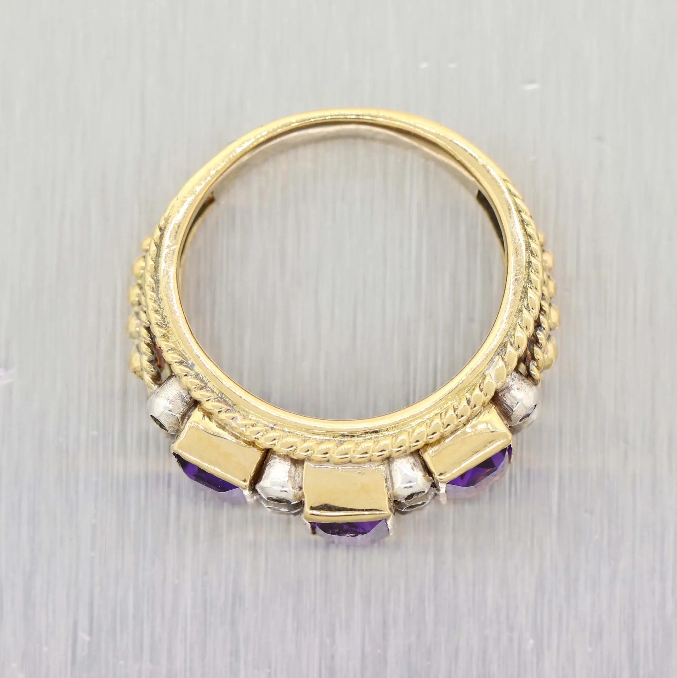 1930's Antique Art Deco 14k Yellow Gold Amethyst Rose Cut Diamond Band Ring