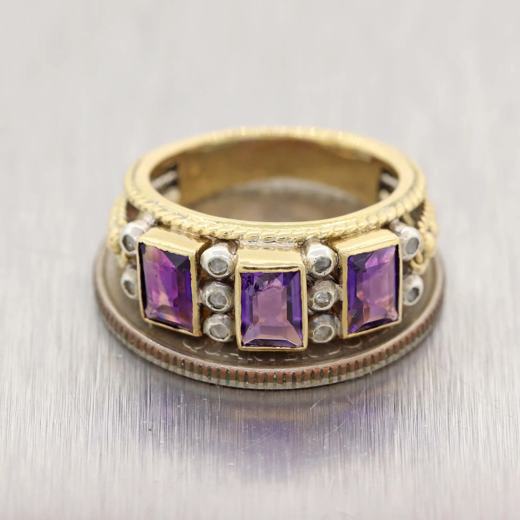 1930's Antique Art Deco 14k Yellow Gold Amethyst Rose Cut Diamond Band Ring