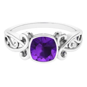 2 CT Vintage Inspired Cushion Cut Amethyst Solitaire Ring
