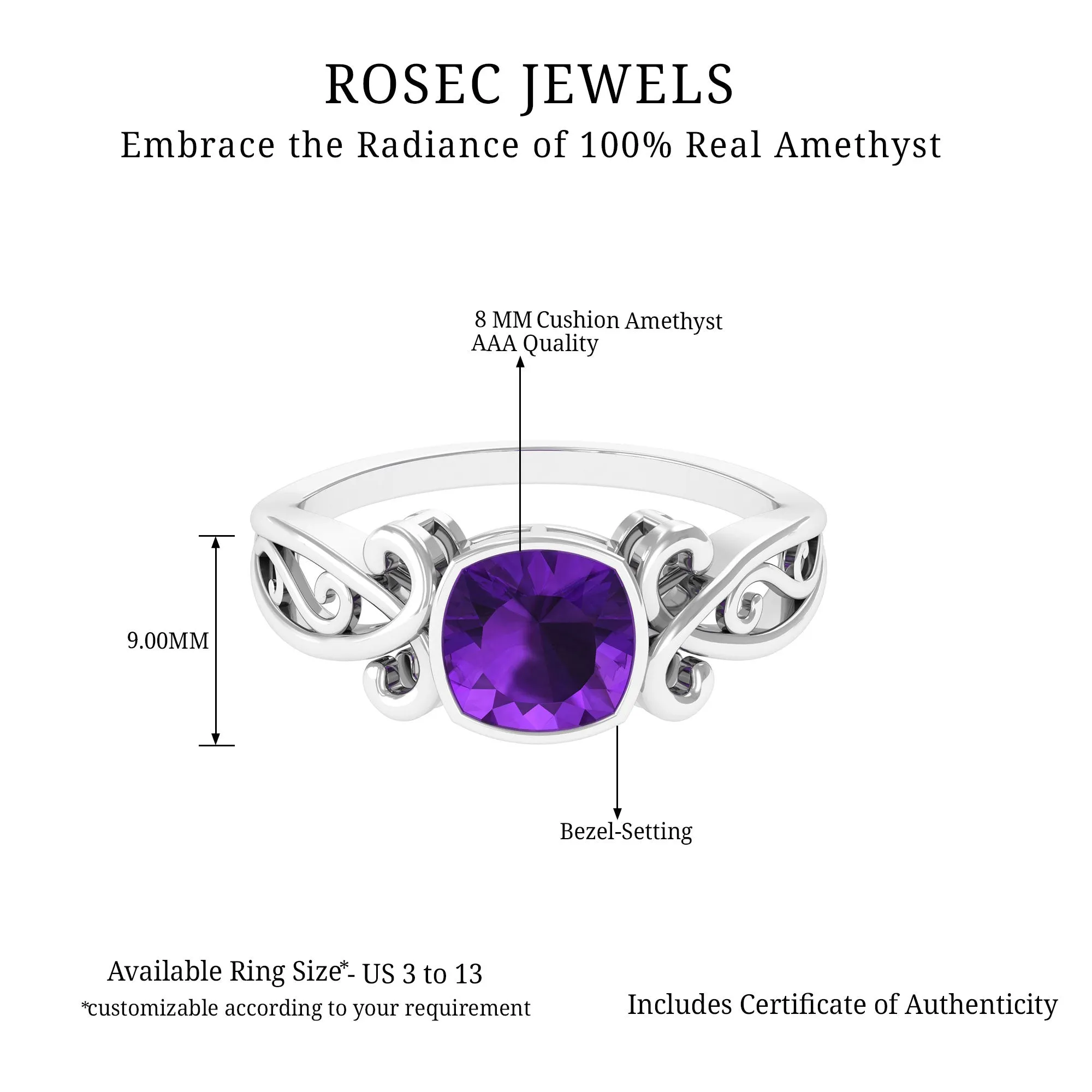 2 CT Vintage Inspired Cushion Cut Amethyst Solitaire Ring