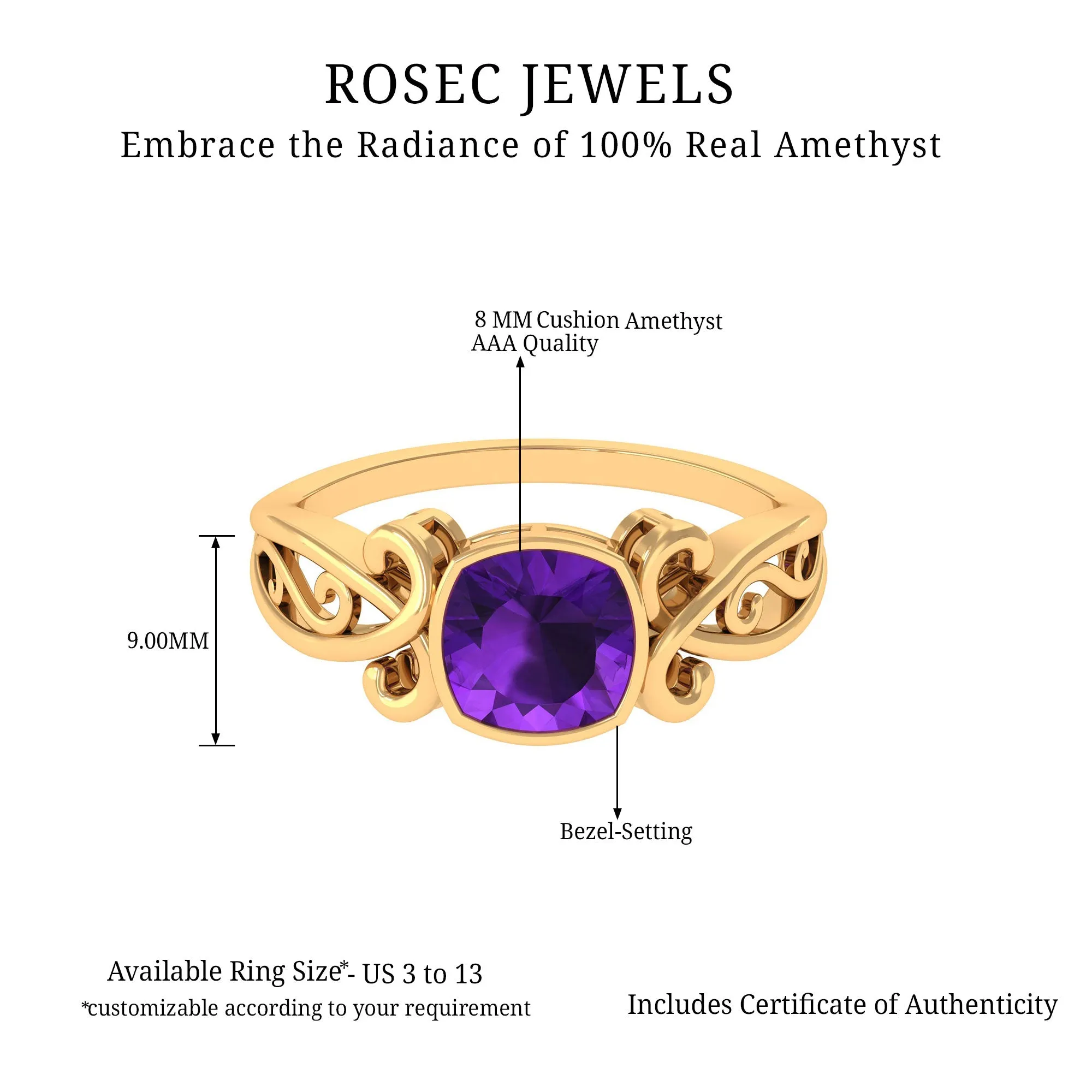 2 CT Vintage Inspired Cushion Cut Amethyst Solitaire Ring