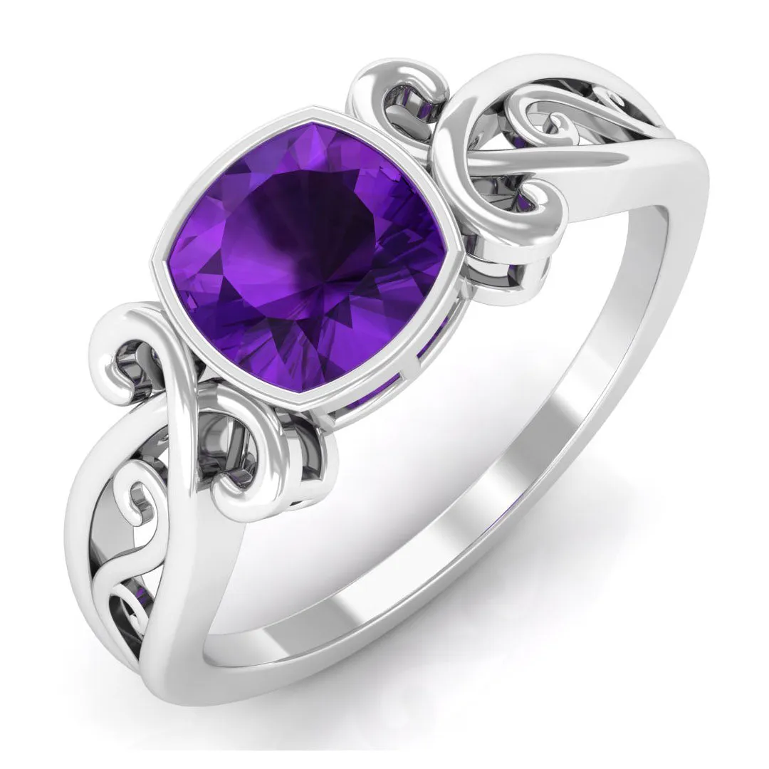 2 CT Vintage Inspired Cushion Cut Amethyst Solitaire Ring