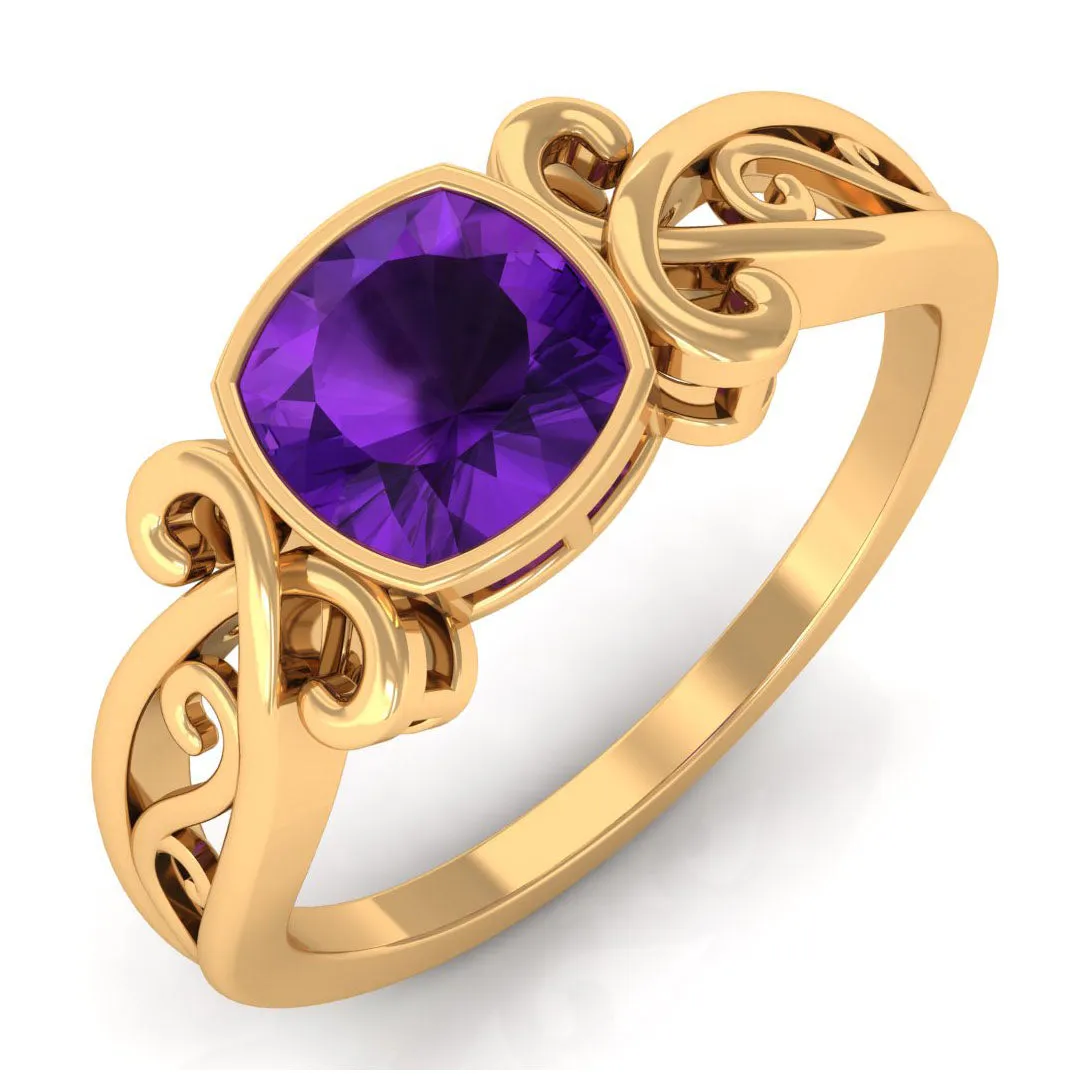 2 CT Vintage Inspired Cushion Cut Amethyst Solitaire Ring