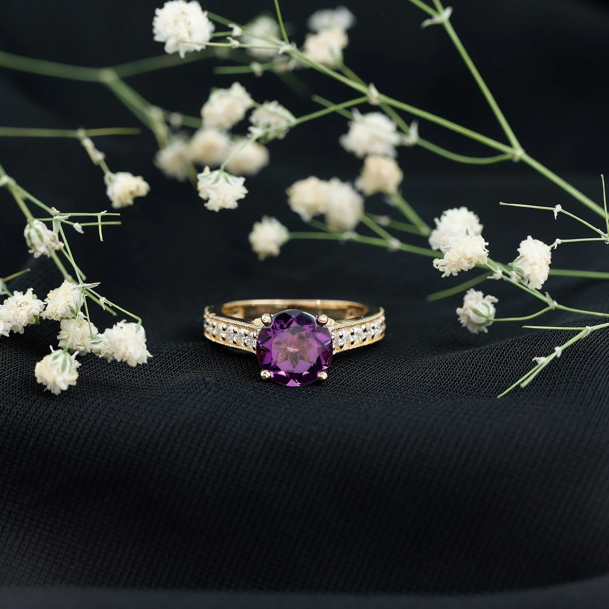 2.25 CT Round Amethyst Solitaire Engagement Ring with Moissanite Accents