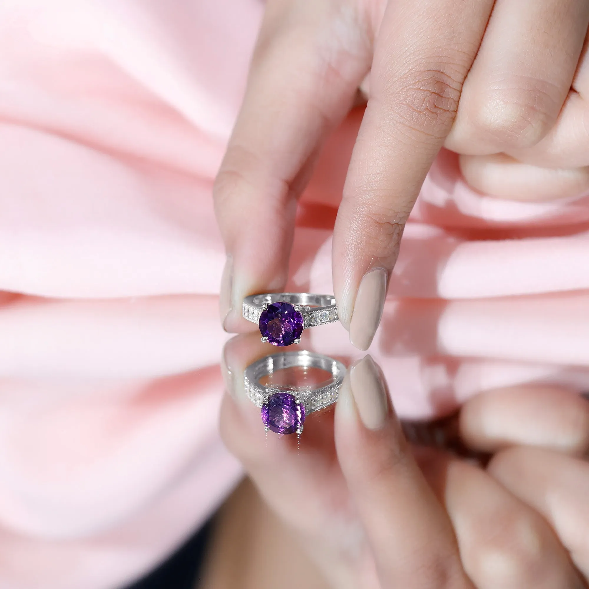 2.25 CT Round Amethyst Solitaire Engagement Ring with Moissanite Accents