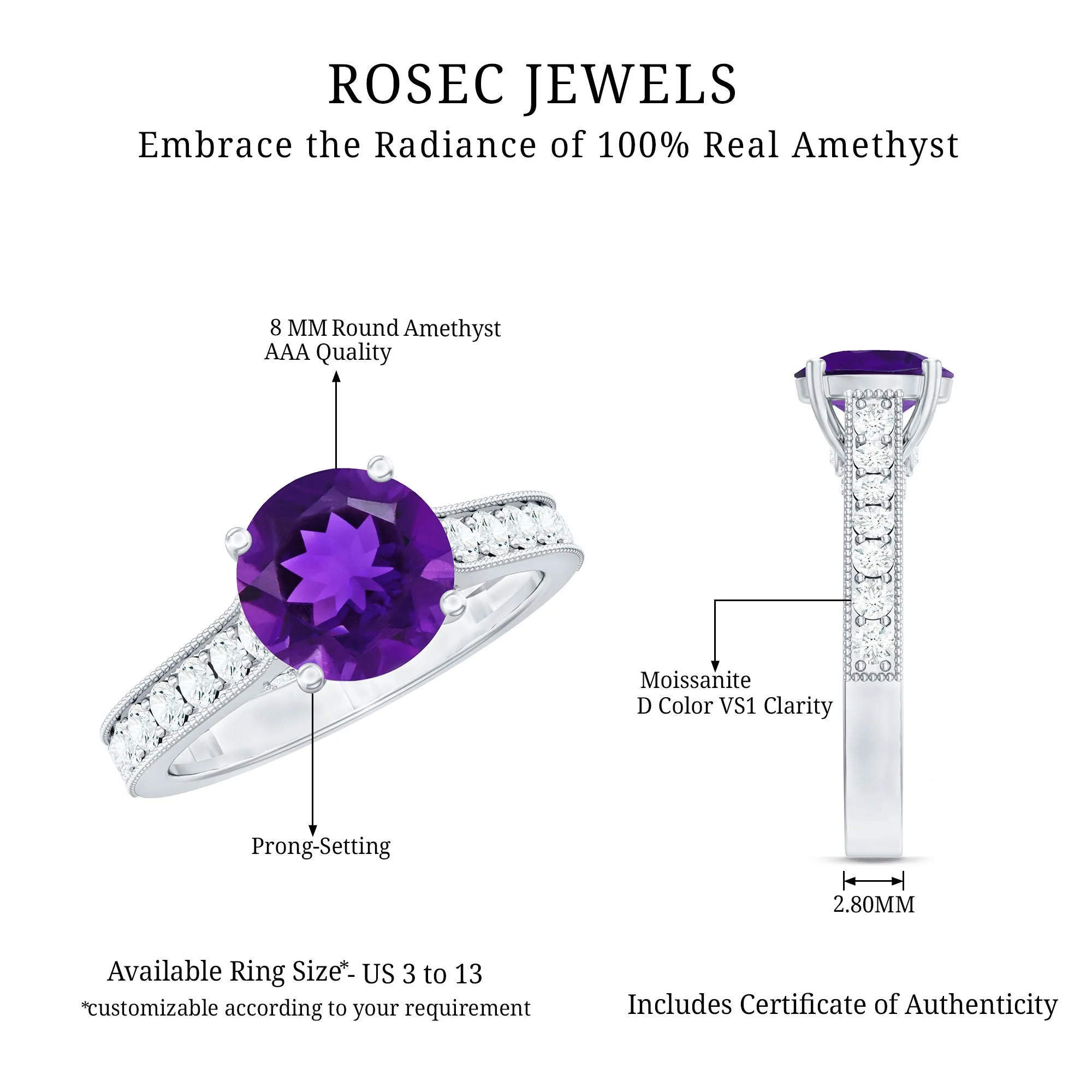 2.25 CT Round Amethyst Solitaire Engagement Ring with Moissanite Accents