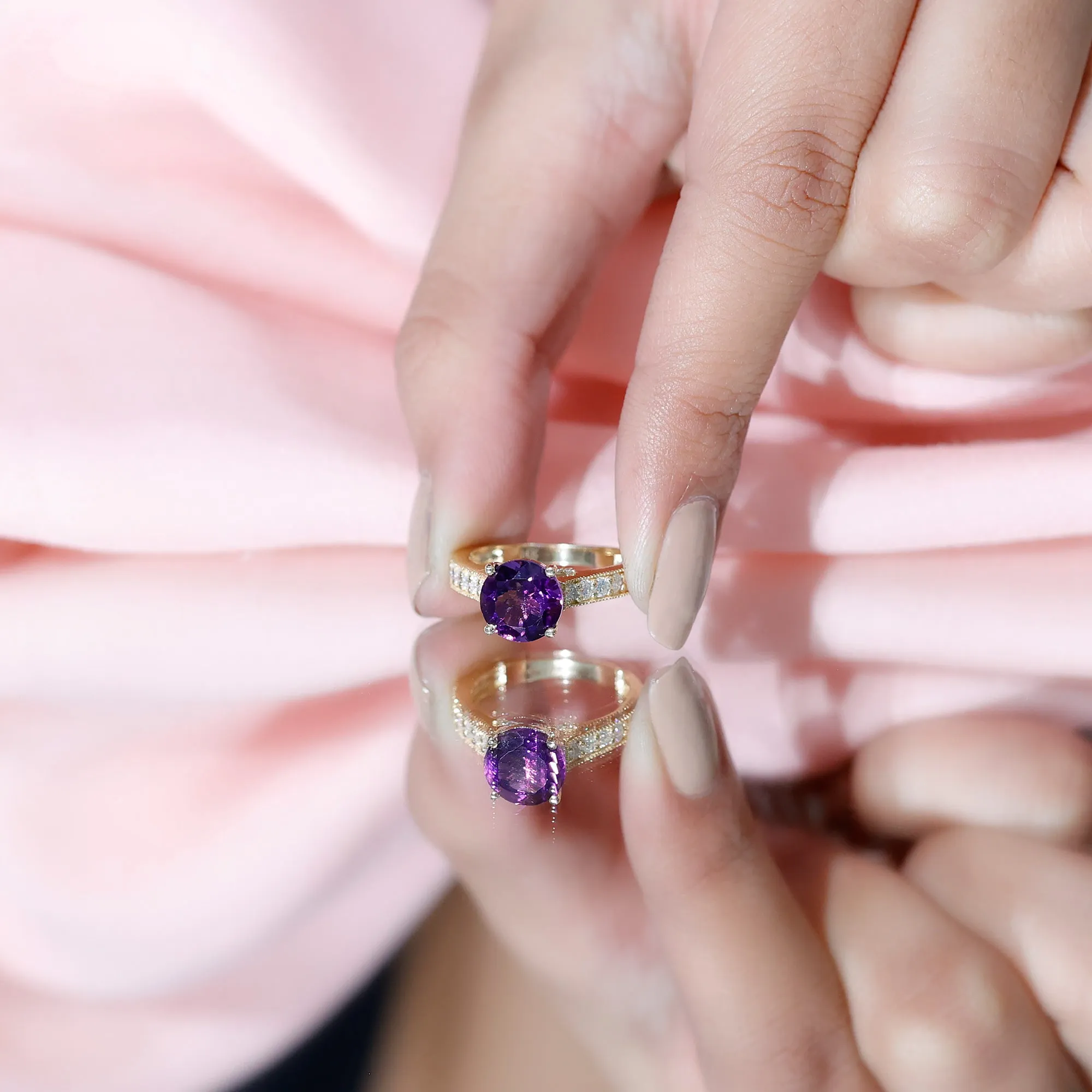 2.25 CT Round Amethyst Solitaire Engagement Ring with Moissanite Accents