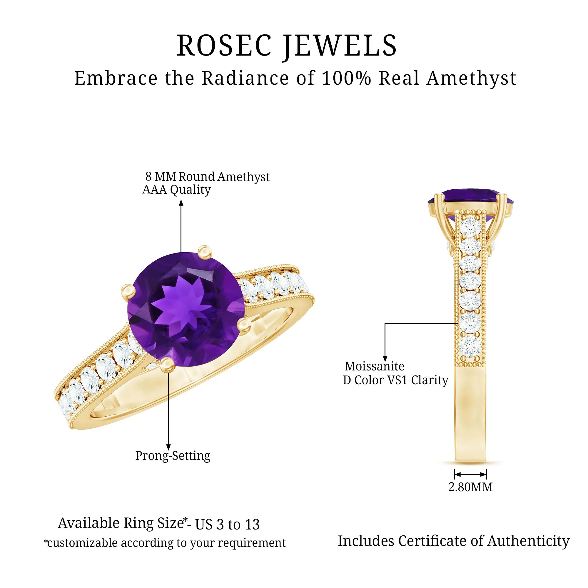 2.25 CT Round Amethyst Solitaire Engagement Ring with Moissanite Accents