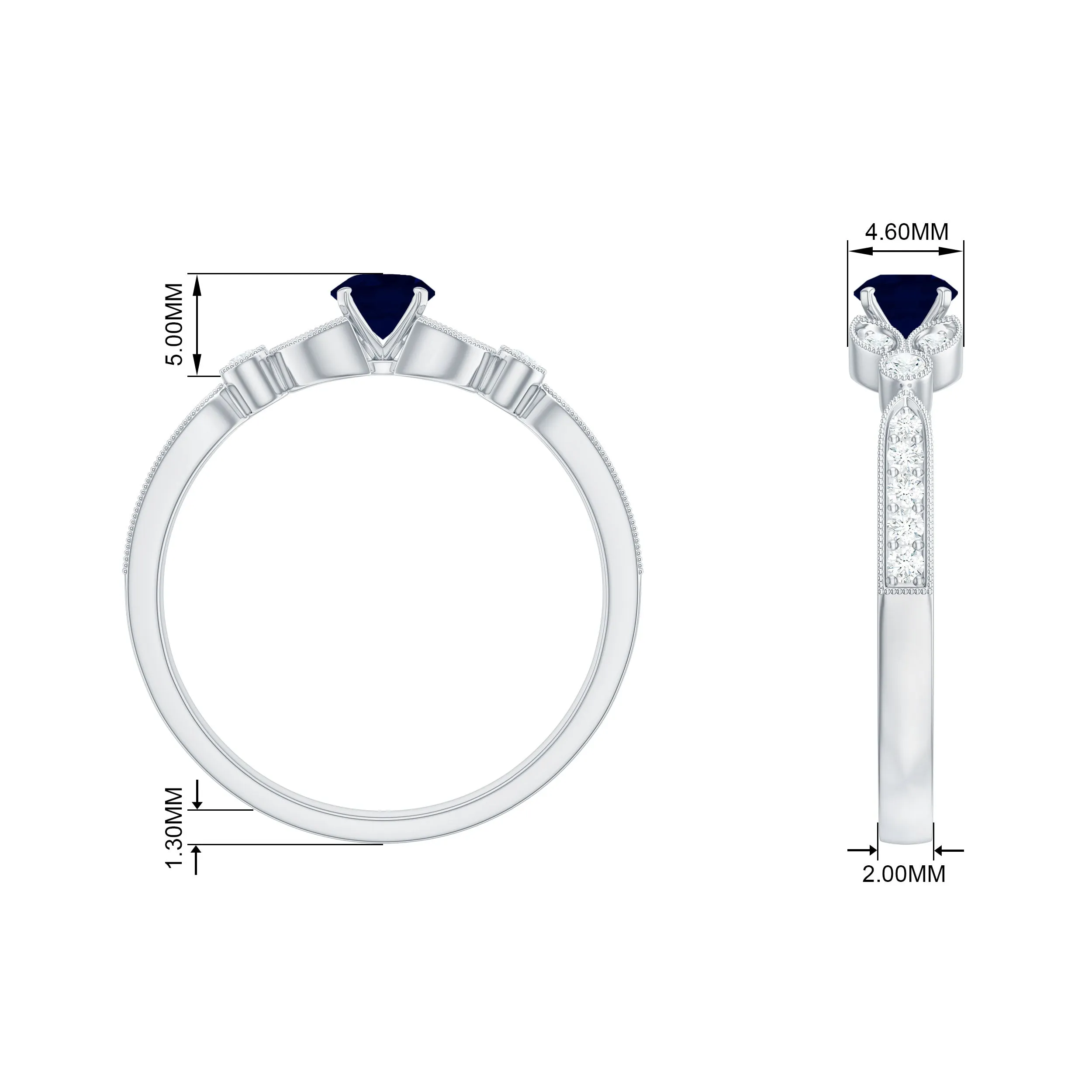 3/4 CT Vintage Inspired Blue Sapphire and Diamond Engagement Ring with Milgrain Details