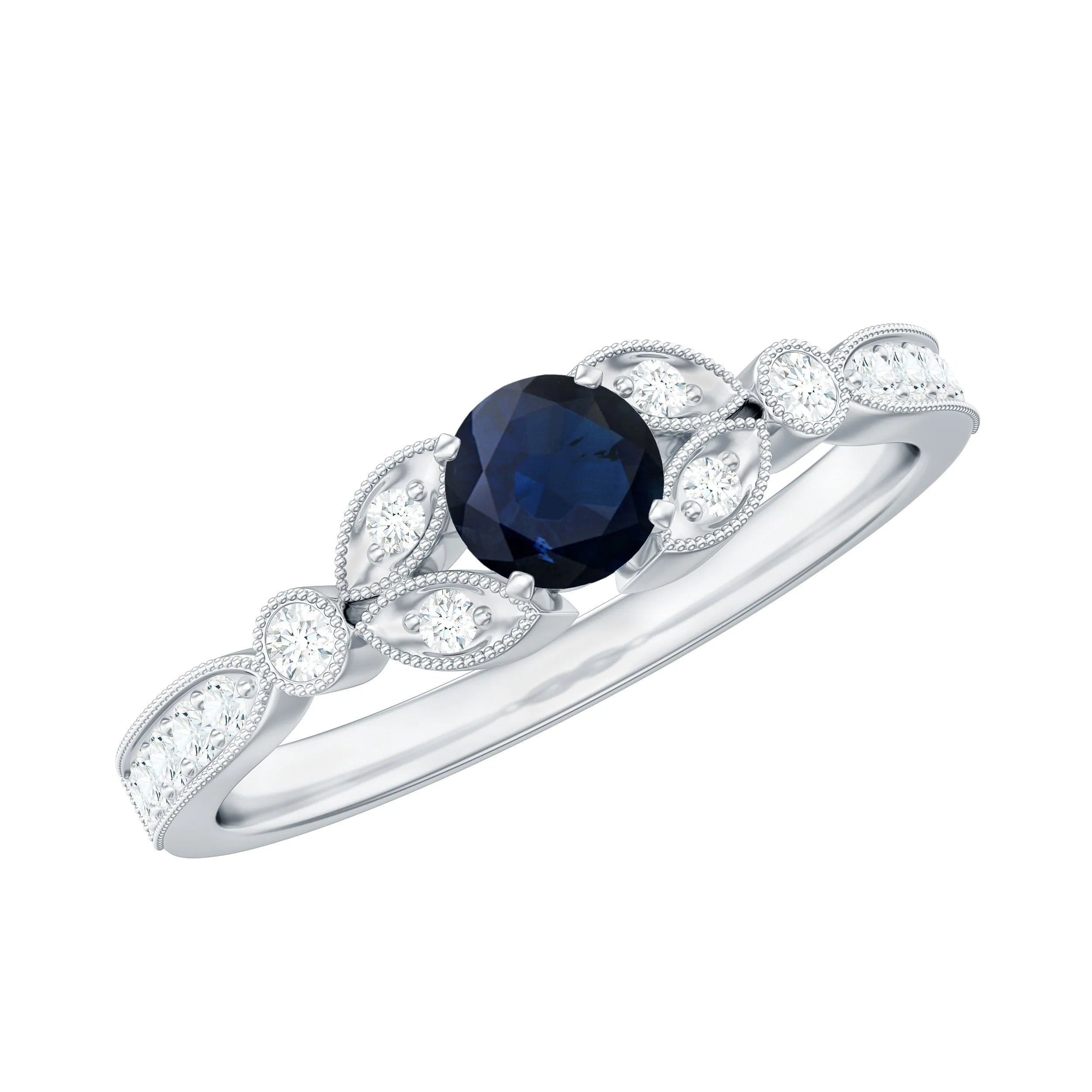 3/4 CT Vintage Inspired Blue Sapphire and Diamond Engagement Ring with Milgrain Details