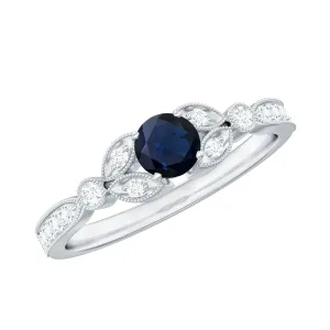3/4 CT Vintage Inspired Blue Sapphire and Diamond Engagement Ring with Milgrain Details