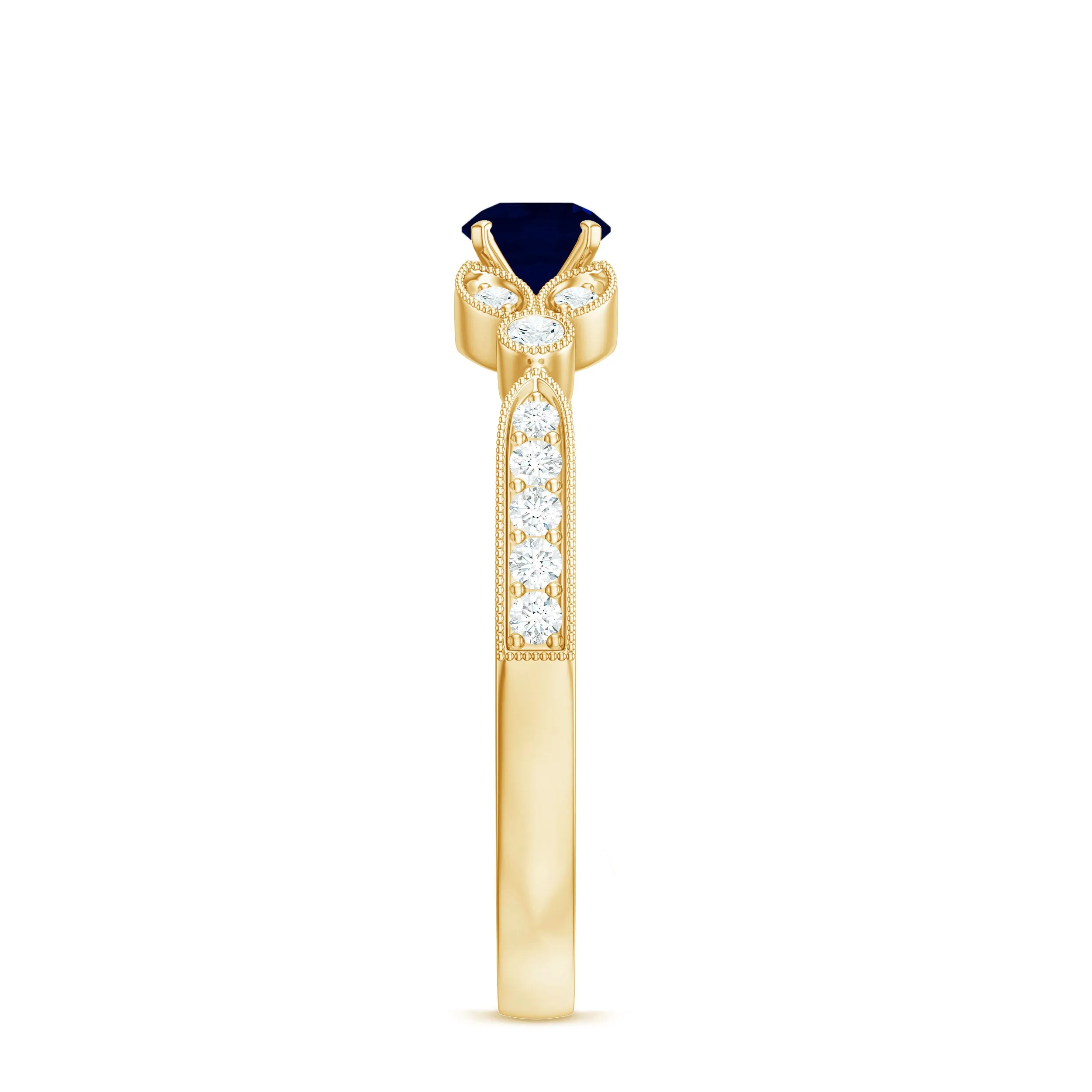 3/4 CT Vintage Inspired Blue Sapphire and Diamond Engagement Ring with Milgrain Details