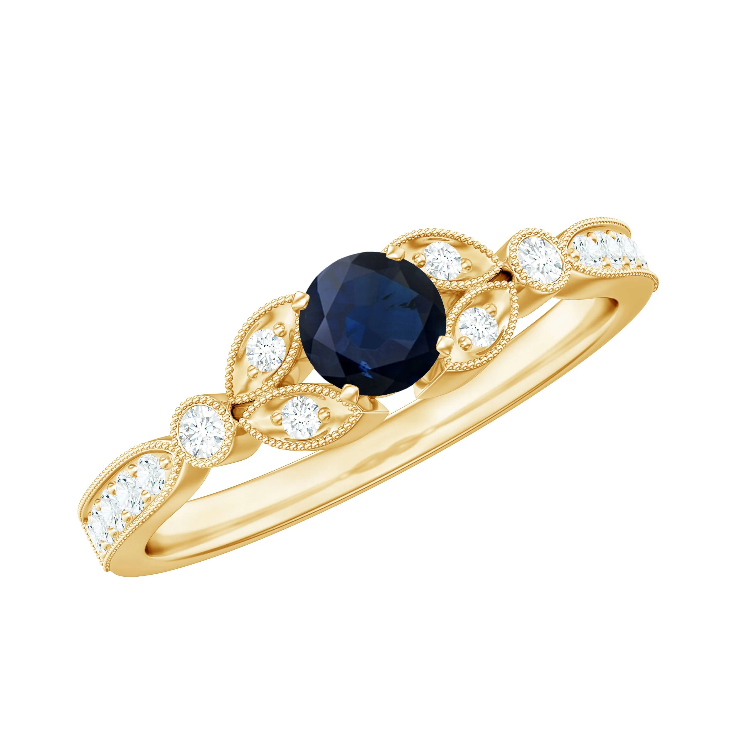 3/4 CT Vintage Inspired Blue Sapphire and Diamond Engagement Ring with Milgrain Details