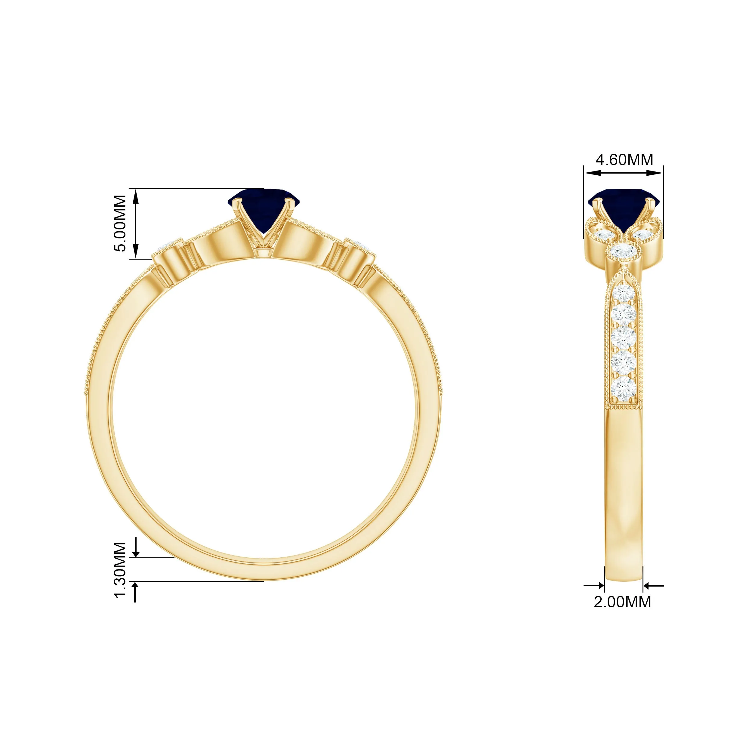 3/4 CT Vintage Inspired Blue Sapphire and Diamond Engagement Ring with Milgrain Details