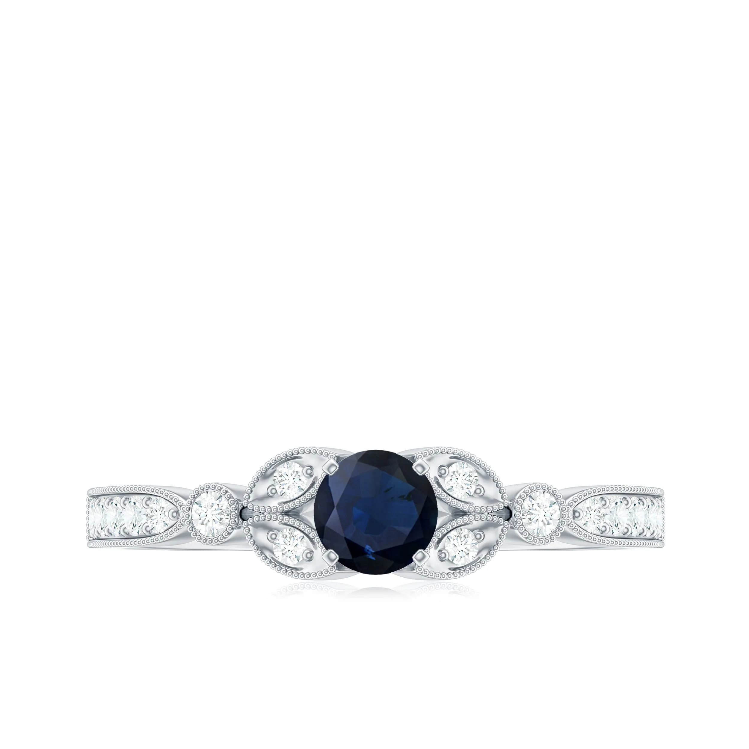 3/4 CT Vintage Inspired Blue Sapphire and Diamond Engagement Ring with Milgrain Details