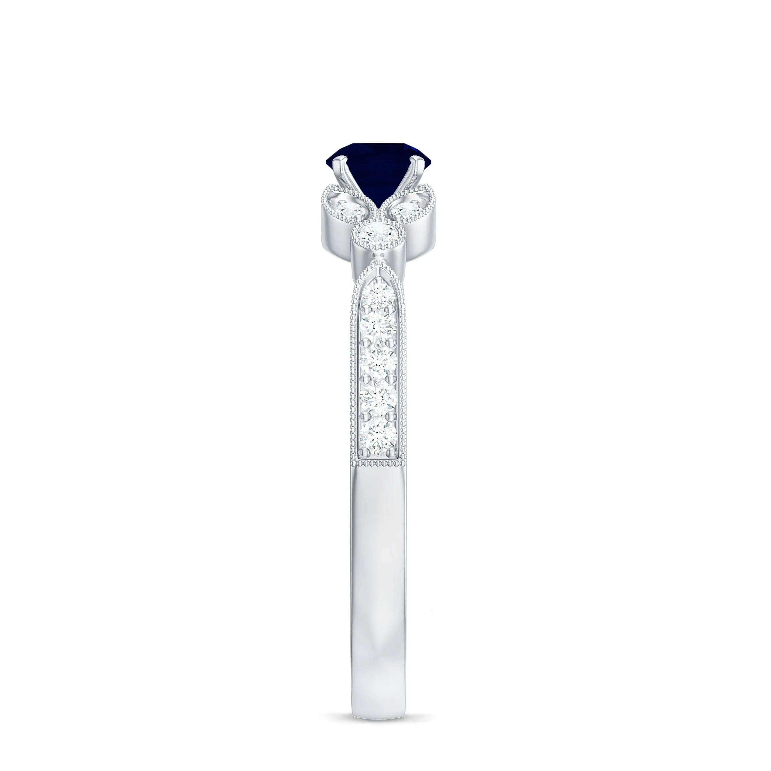3/4 CT Vintage Inspired Blue Sapphire and Diamond Engagement Ring with Milgrain Details
