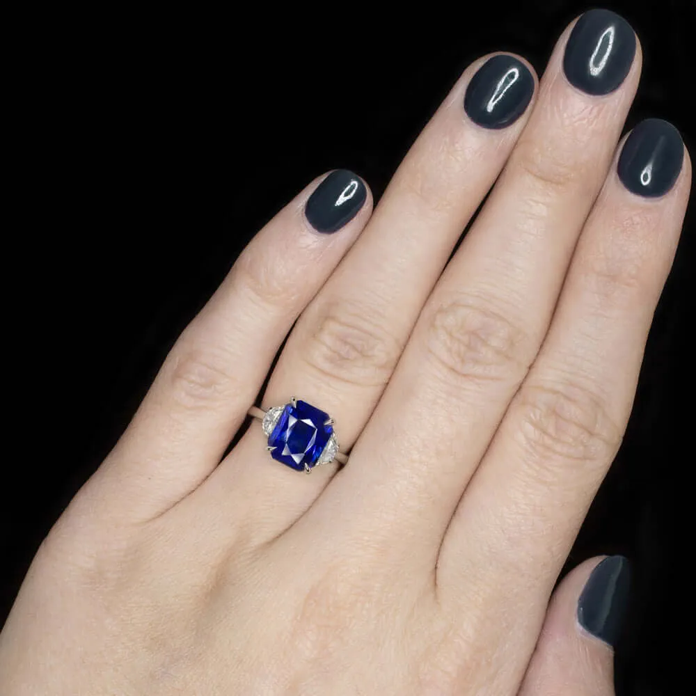 5.85ct GIA CERTIFIED SAPPHIRE DIAMOND RING RADIANT HALF MOON 3 STONE COCKTAIL