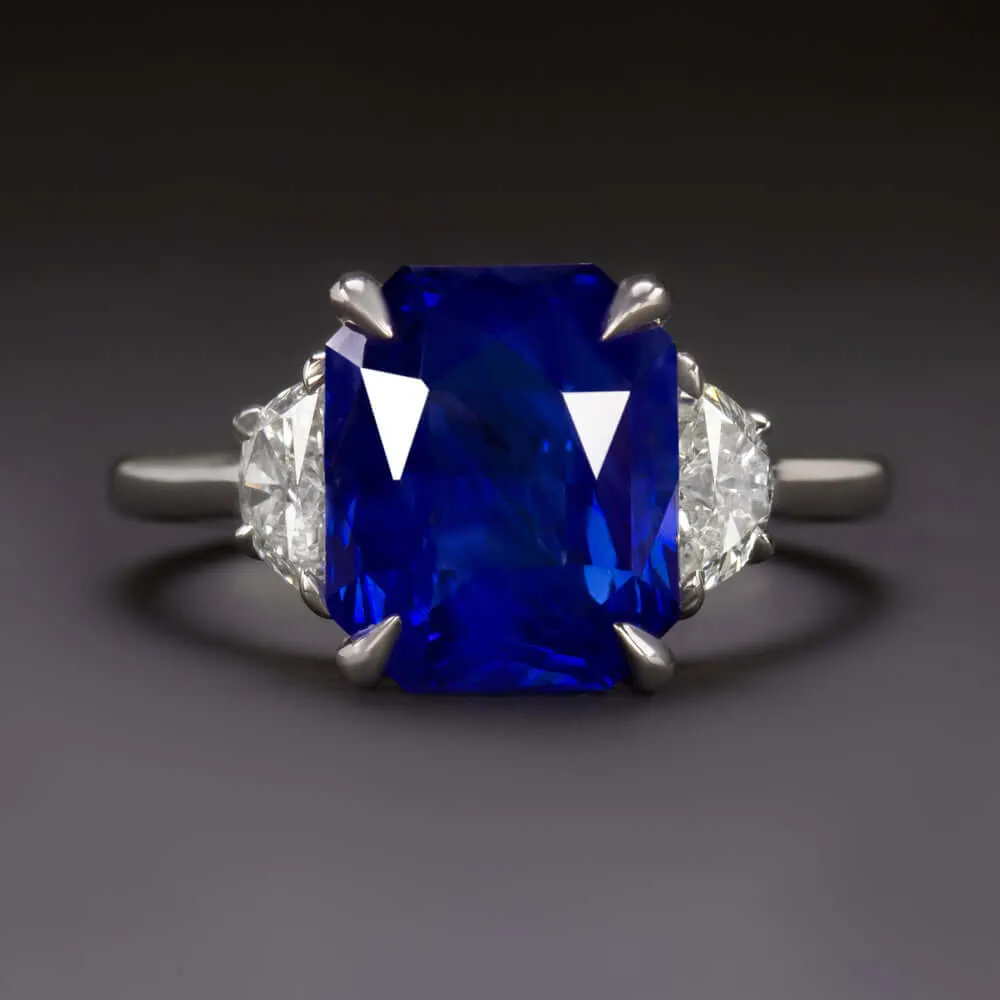 5.85ct GIA CERTIFIED SAPPHIRE DIAMOND RING RADIANT HALF MOON 3 STONE COCKTAIL