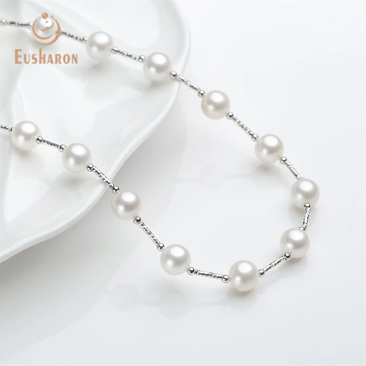 8-8.5mm AAA- White Freshwater AK Pearl Tin Cup Necklace