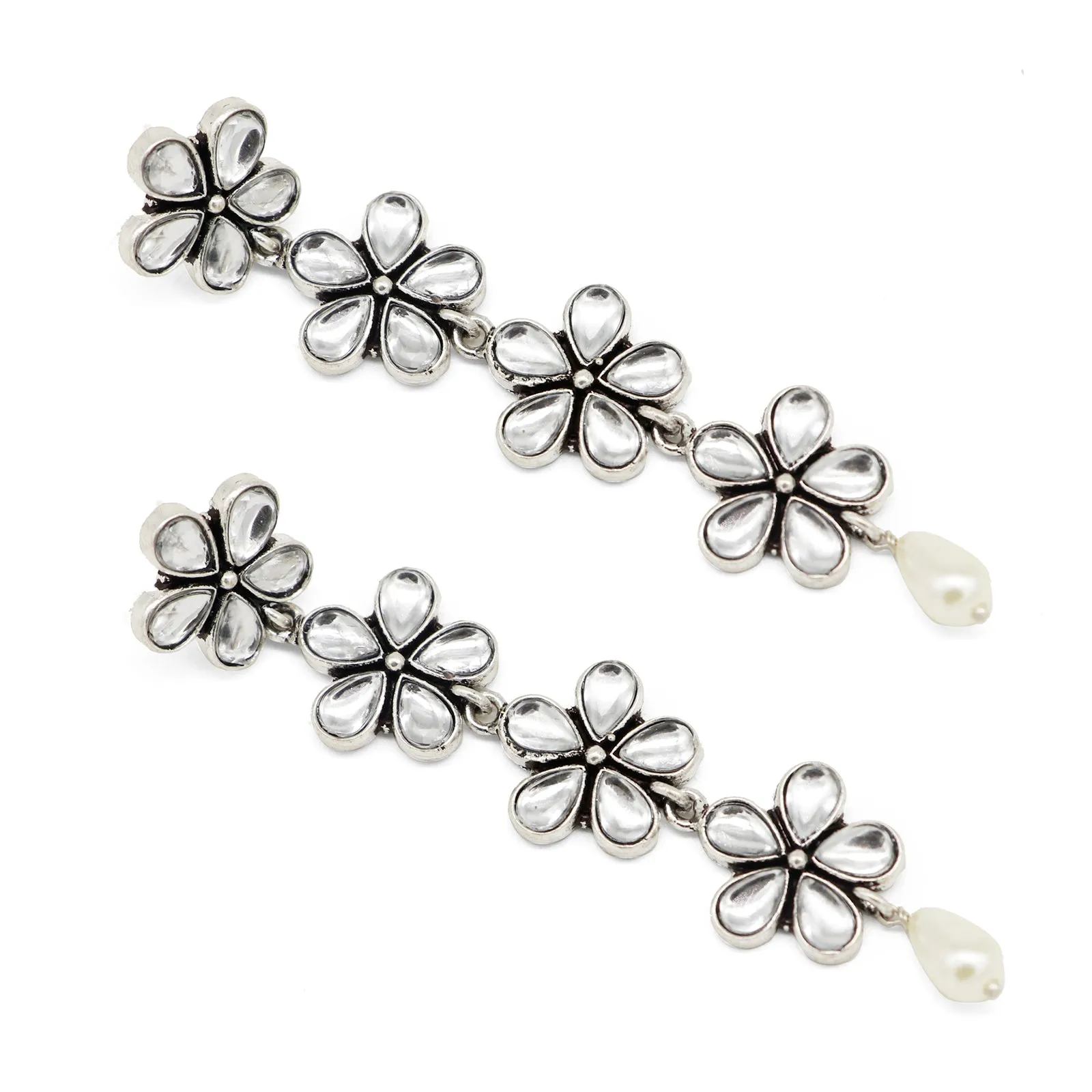 Aathavi Floral Polki Silver Oxidized Earrings