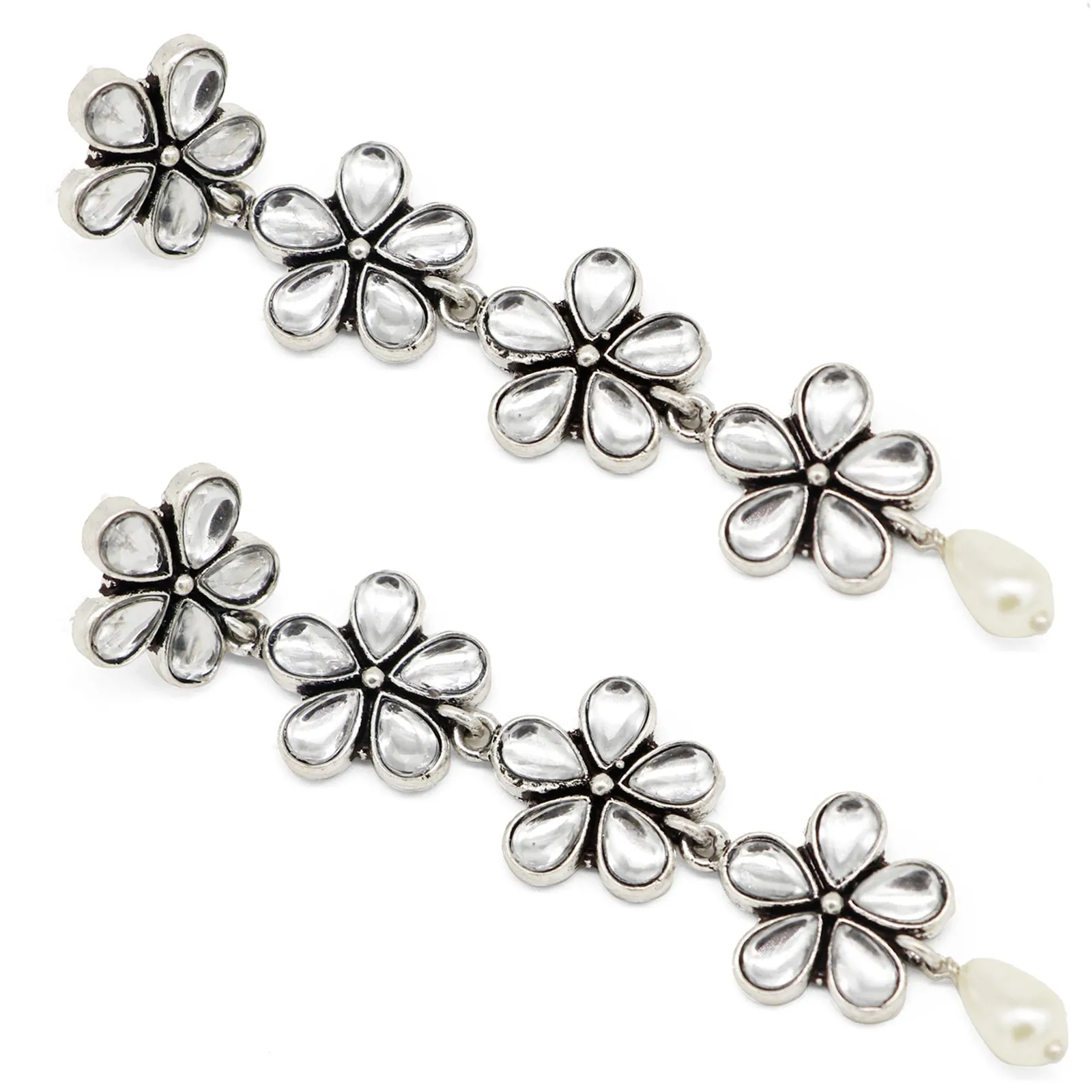 Aathavi Floral Polki Silver Oxidized Earrings