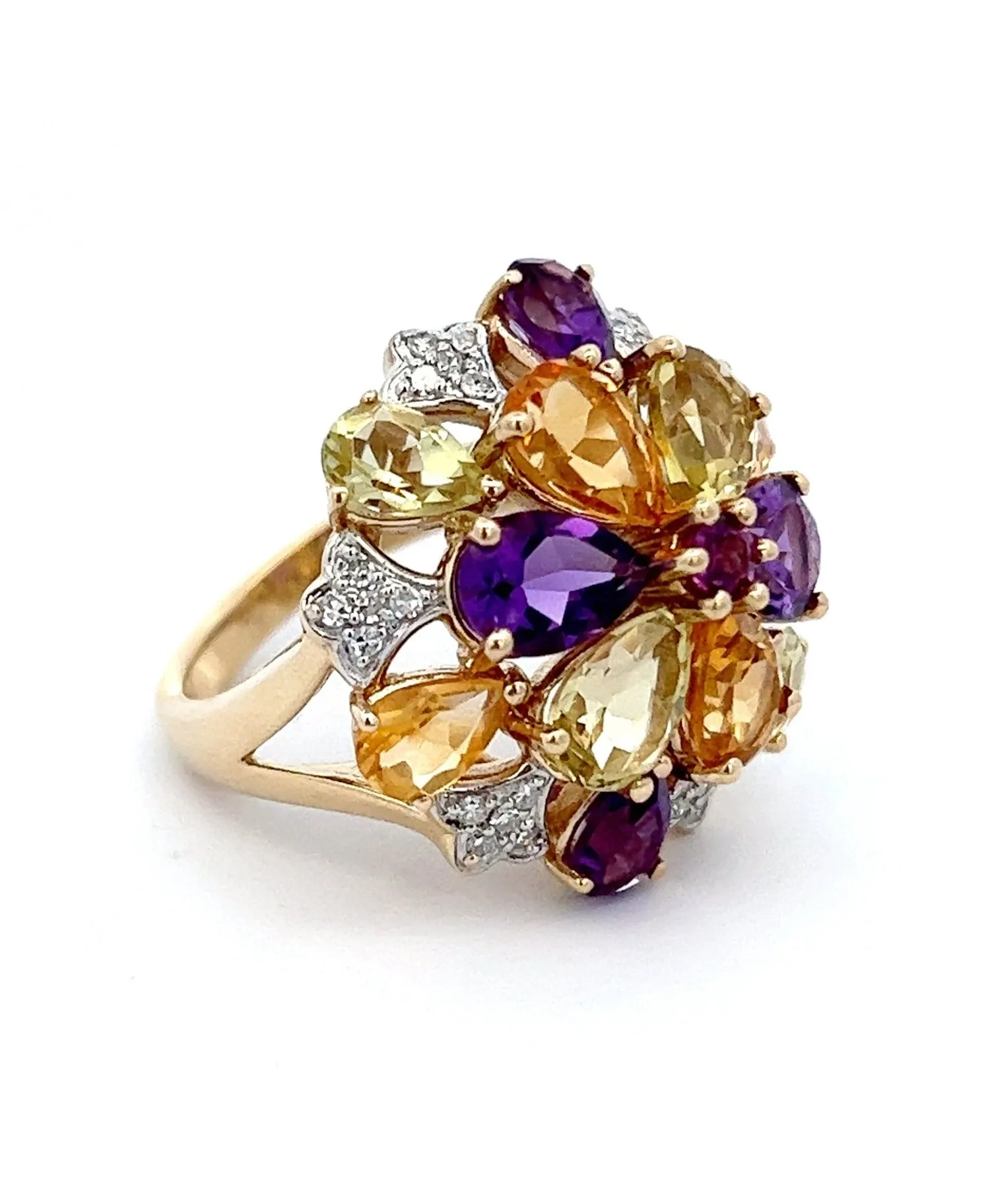 Amethyst, Citrine, Mint Quartz & Diamond Yellow Gold Cocktail Ring