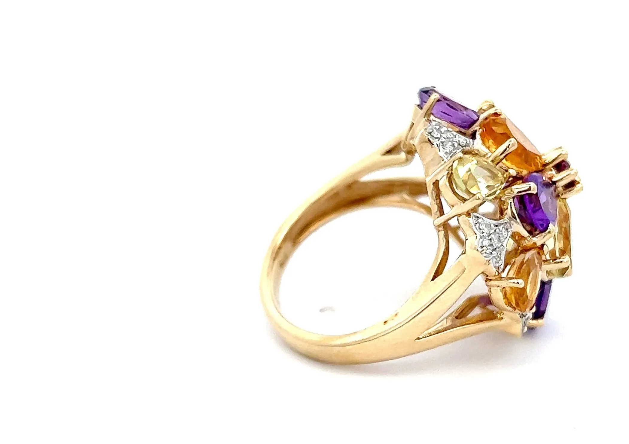 Amethyst, Citrine, Mint Quartz & Diamond Yellow Gold Cocktail Ring