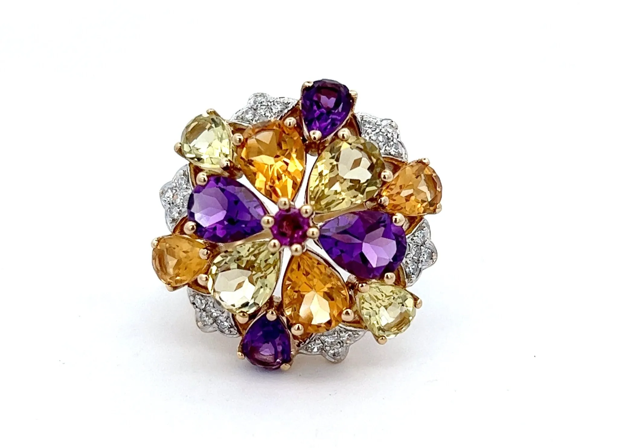 Amethyst, Citrine, Mint Quartz & Diamond Yellow Gold Cocktail Ring