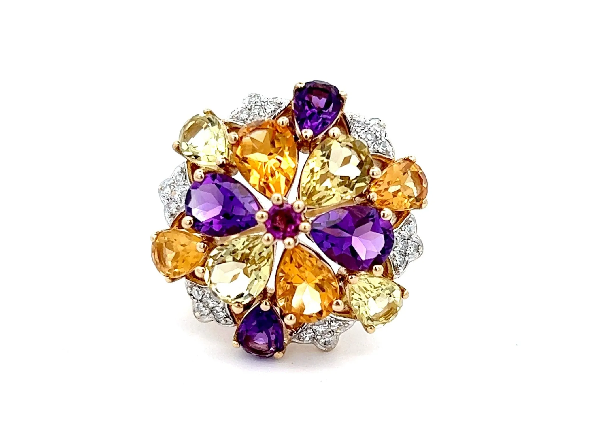 Amethyst, Citrine, Mint Quartz & Diamond Yellow Gold Cocktail Ring