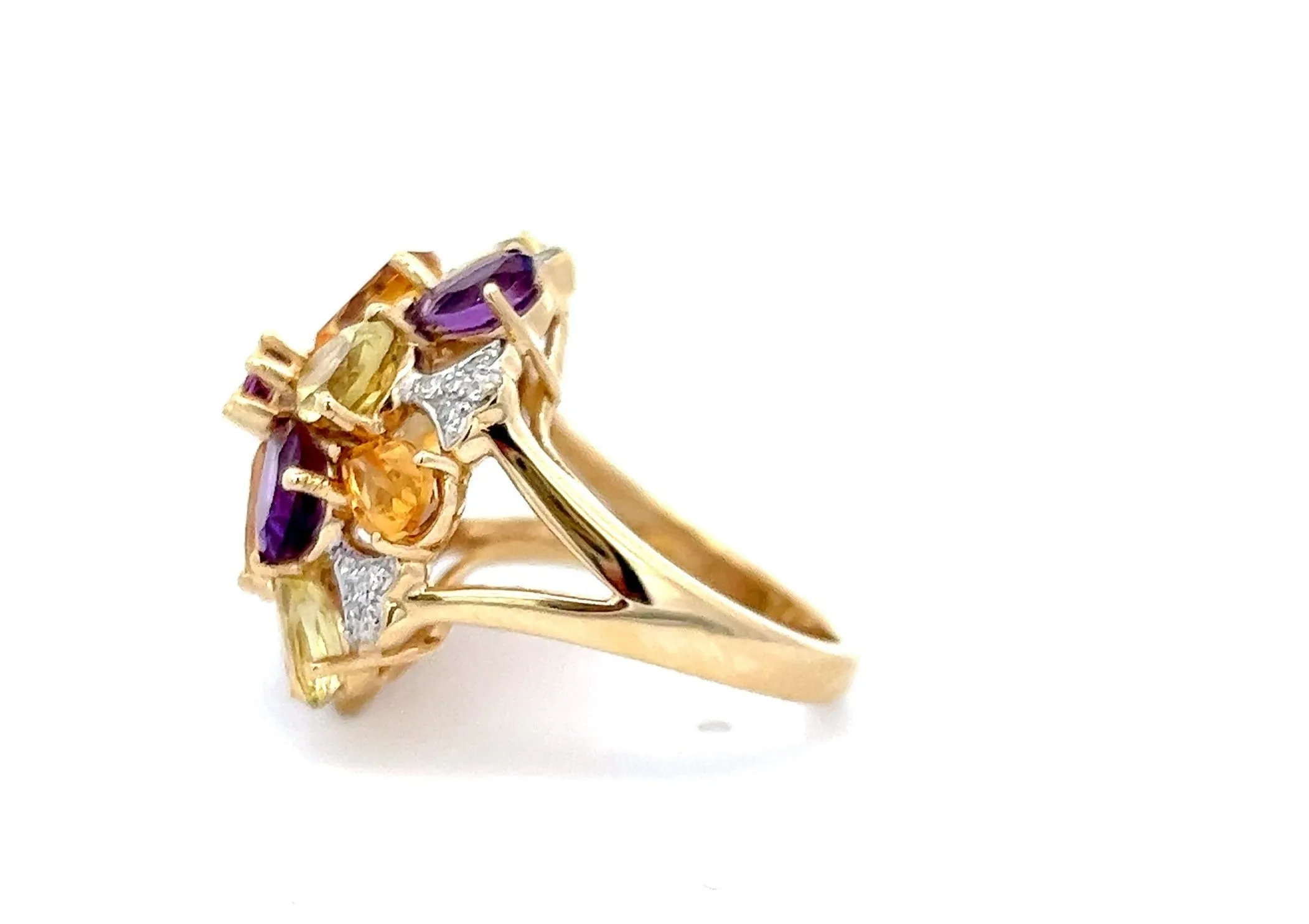 Amethyst, Citrine, Mint Quartz & Diamond Yellow Gold Cocktail Ring