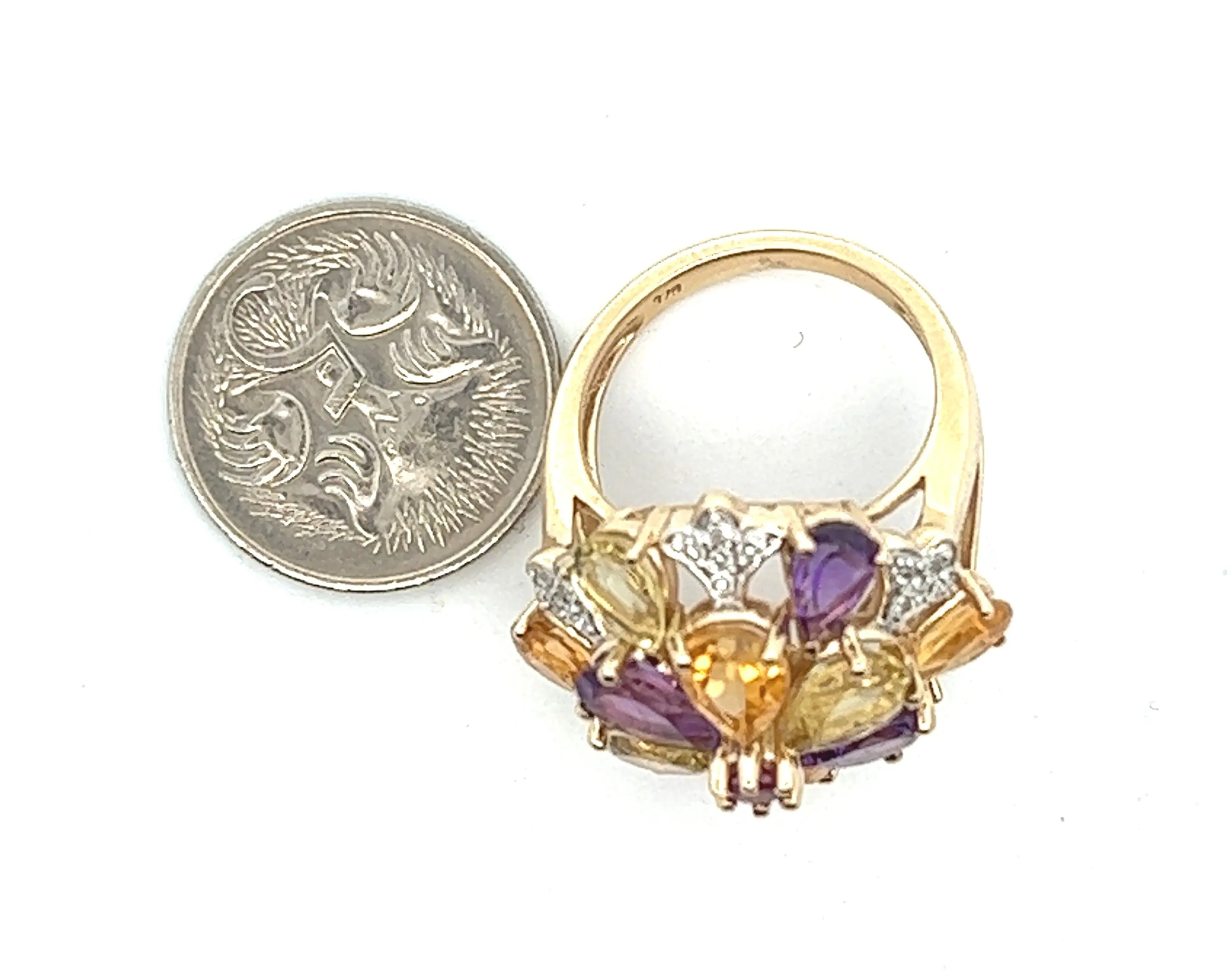 Amethyst, Citrine, Mint Quartz & Diamond Yellow Gold Cocktail Ring