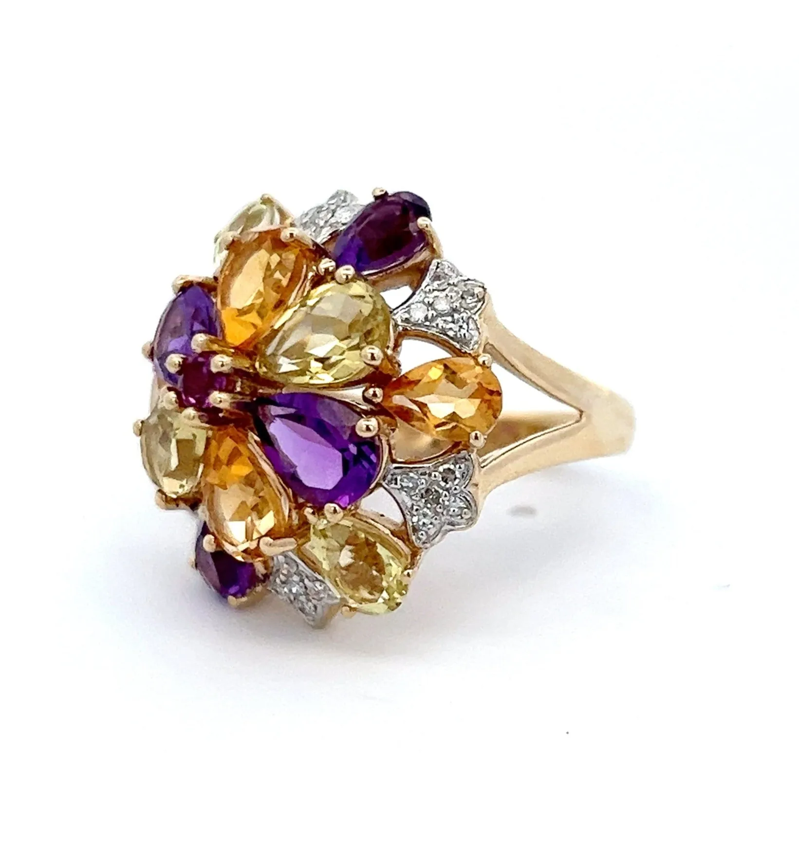 Amethyst, Citrine, Mint Quartz & Diamond Yellow Gold Cocktail Ring