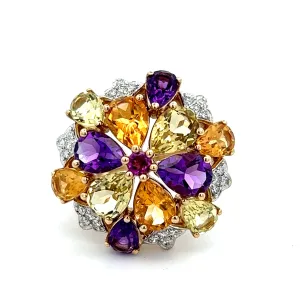 Amethyst, Citrine, Mint Quartz & Diamond Yellow Gold Cocktail Ring