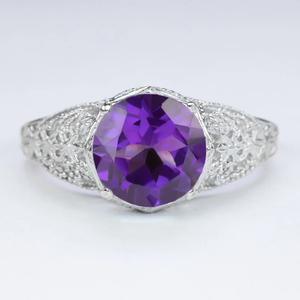AMETHYST STERLING SILVER RING VINTAGE STYLE FILIGREE ROUND CUT ART DECO PURPLE