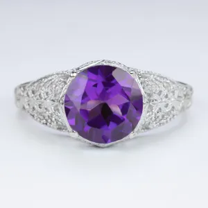 AMETHYST STERLING SILVER RING VINTAGE STYLE FILIGREE ROUND CUT ART DECO PURPLE