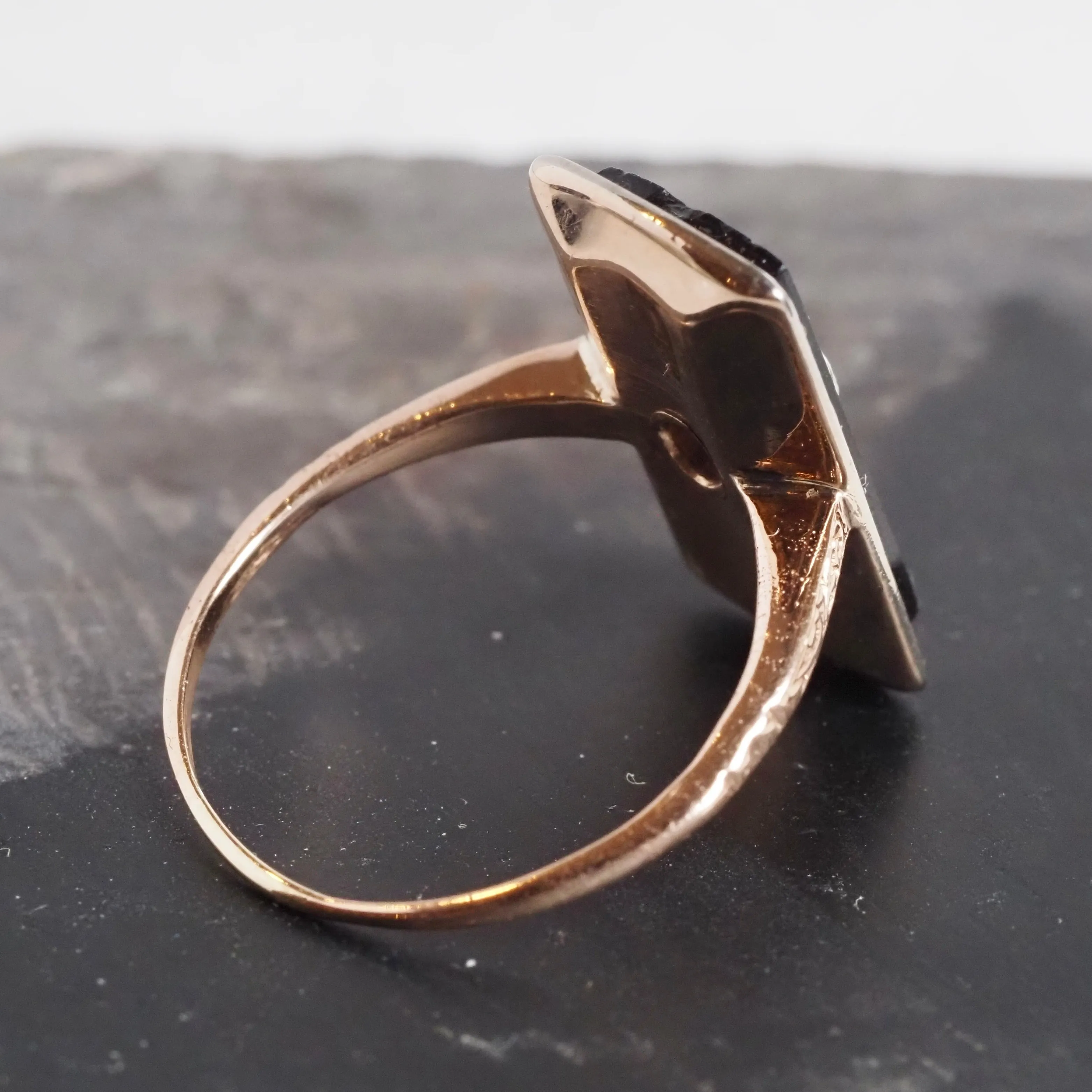 Antique Art Deco 10k White and Rose Gold Onyx and Diamond Ring