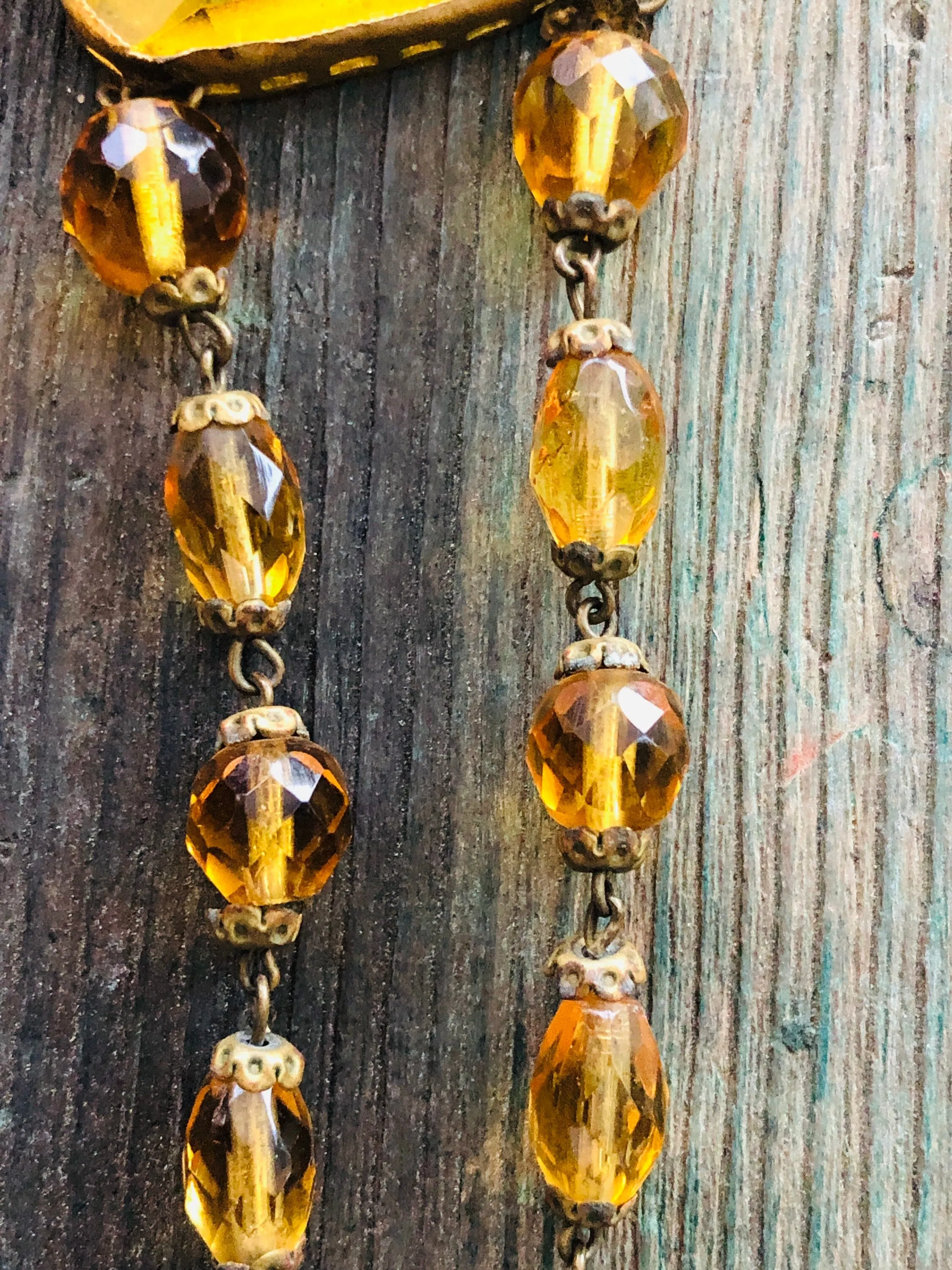 Antique Czechoslovakian Citrine Crystal Necklace with large Brass set center faceted stone and faceted crystal beads