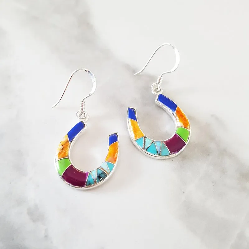 Arizona Turquoise and Inlaid Jewelry Multicolored Horseshoe Dangle Earrings