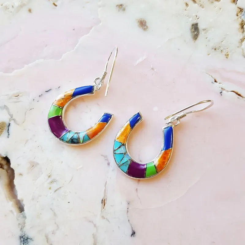 Arizona Turquoise and Inlaid Jewelry Multicolored Horseshoe Dangle Earrings